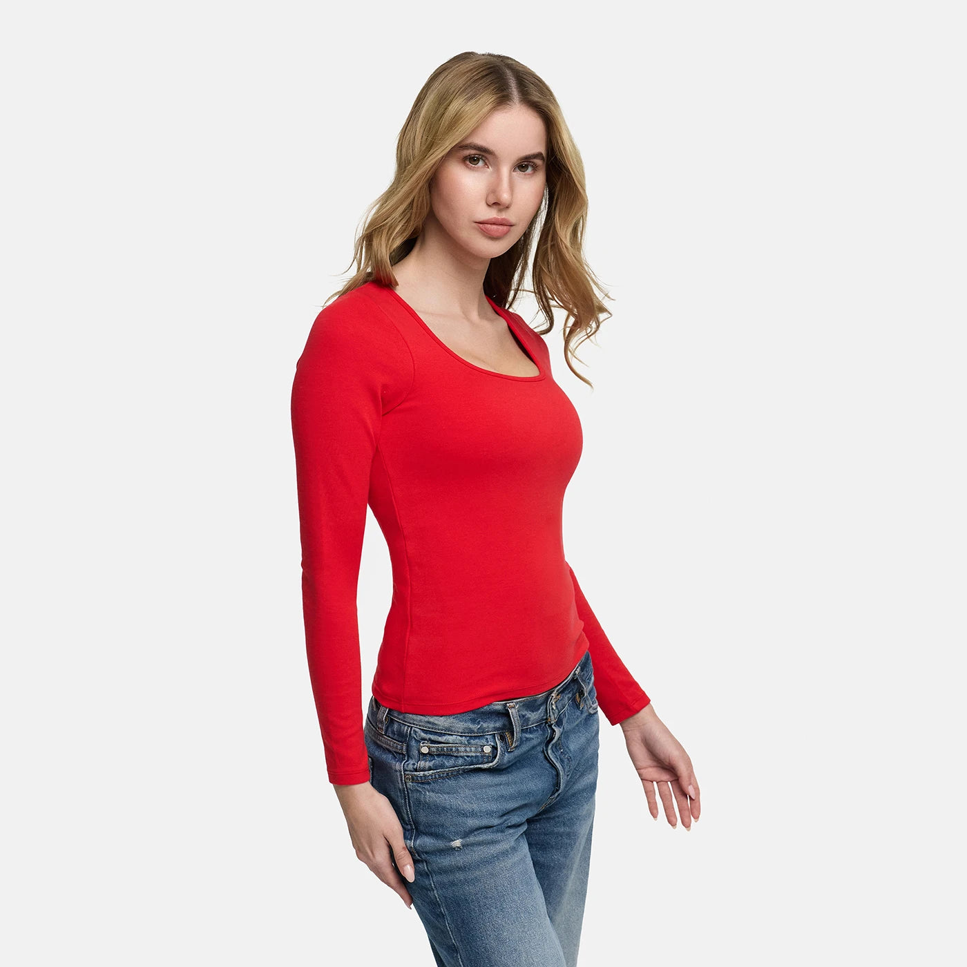 Long-sleeved cotton top with built-in push-up bra