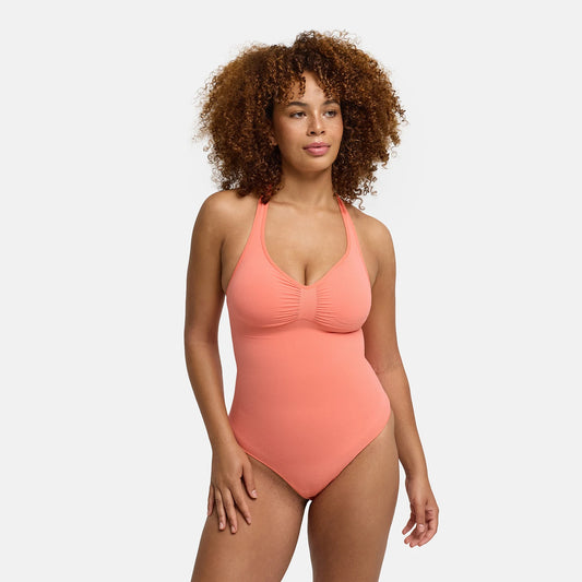 Body contenitivo modellante con scollo all'americana, imbottiture integrate e perizoma